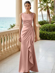 Dusty Blue Scoop Neck Evening Dress with Ruffle Mermaid Maxi Dress