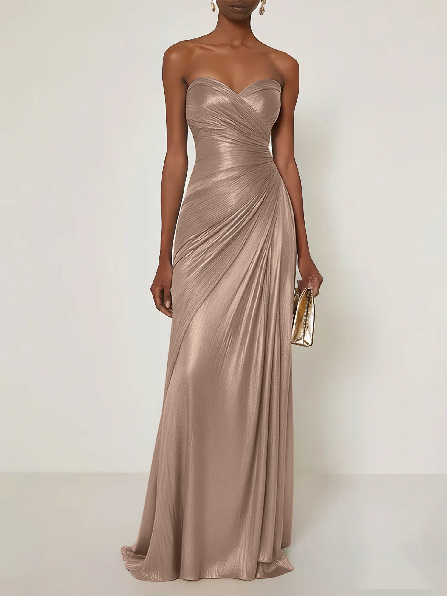 Evening Formal Dress V Neck Silver Silk Ruffles Strapless Maxi Dress