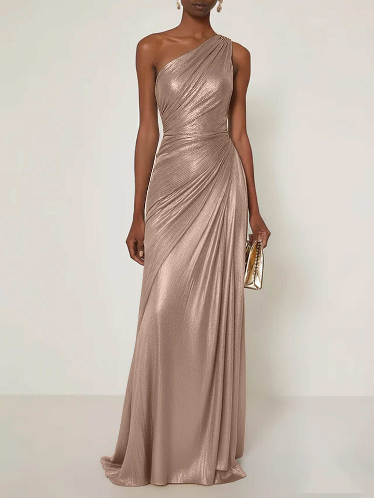 Evening Formal Dress One Shoulder Silk Ruffles Maxi Dress