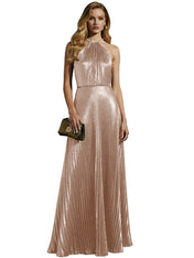 Luxurious Champagne-Gold Pleated Halter Long Prom Dress