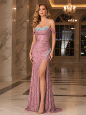 Dark Red Crystal Off-the-Shoulder Corset Prom Dress with Slit