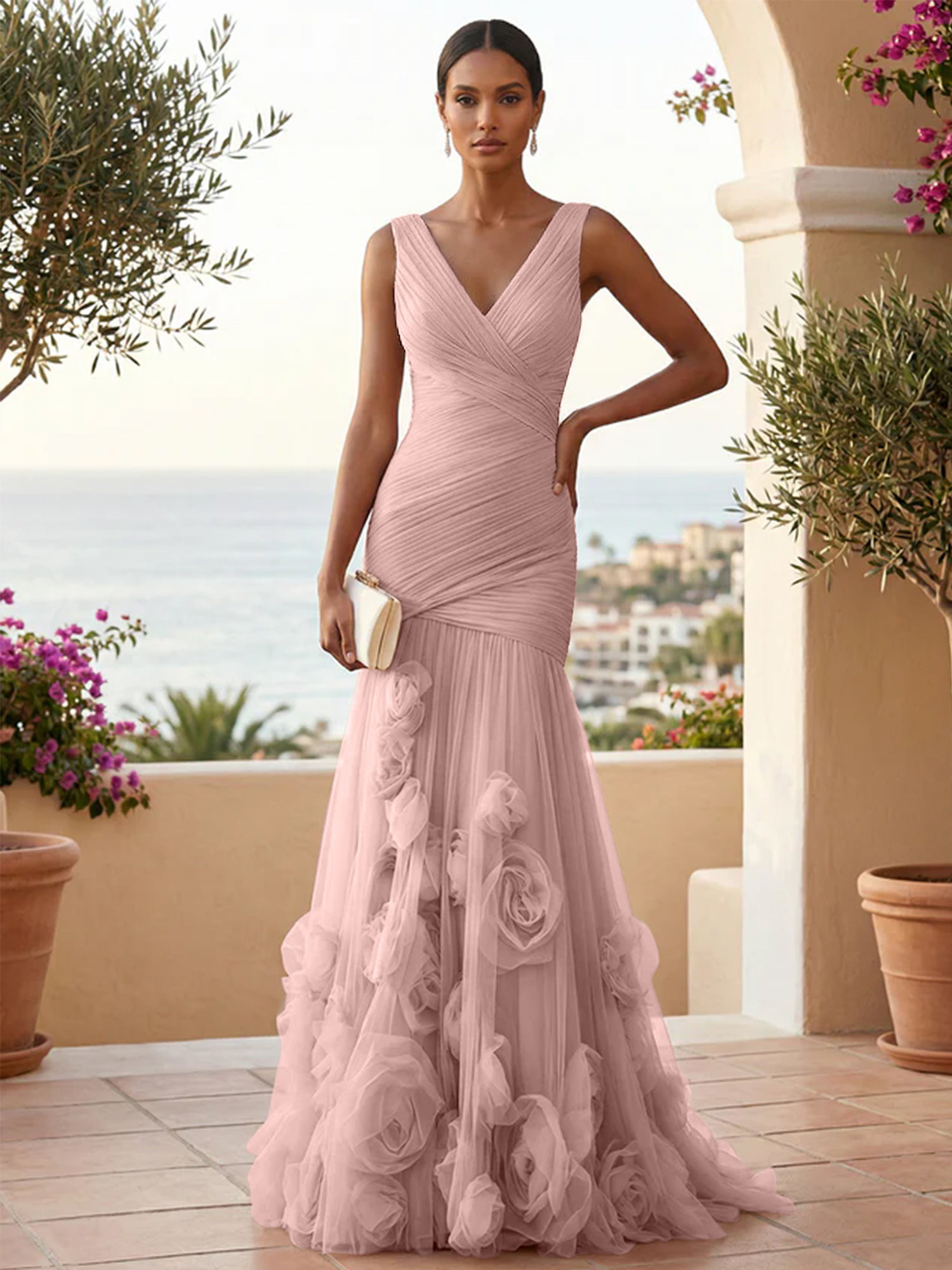 Sweetheart Tulle V Neck Pleat Mermaid Evening Dresses with 3D Flower