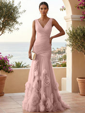 Sweetheart Tulle V Neck Pleat Mermaid Evening Dresses with 3D Flower