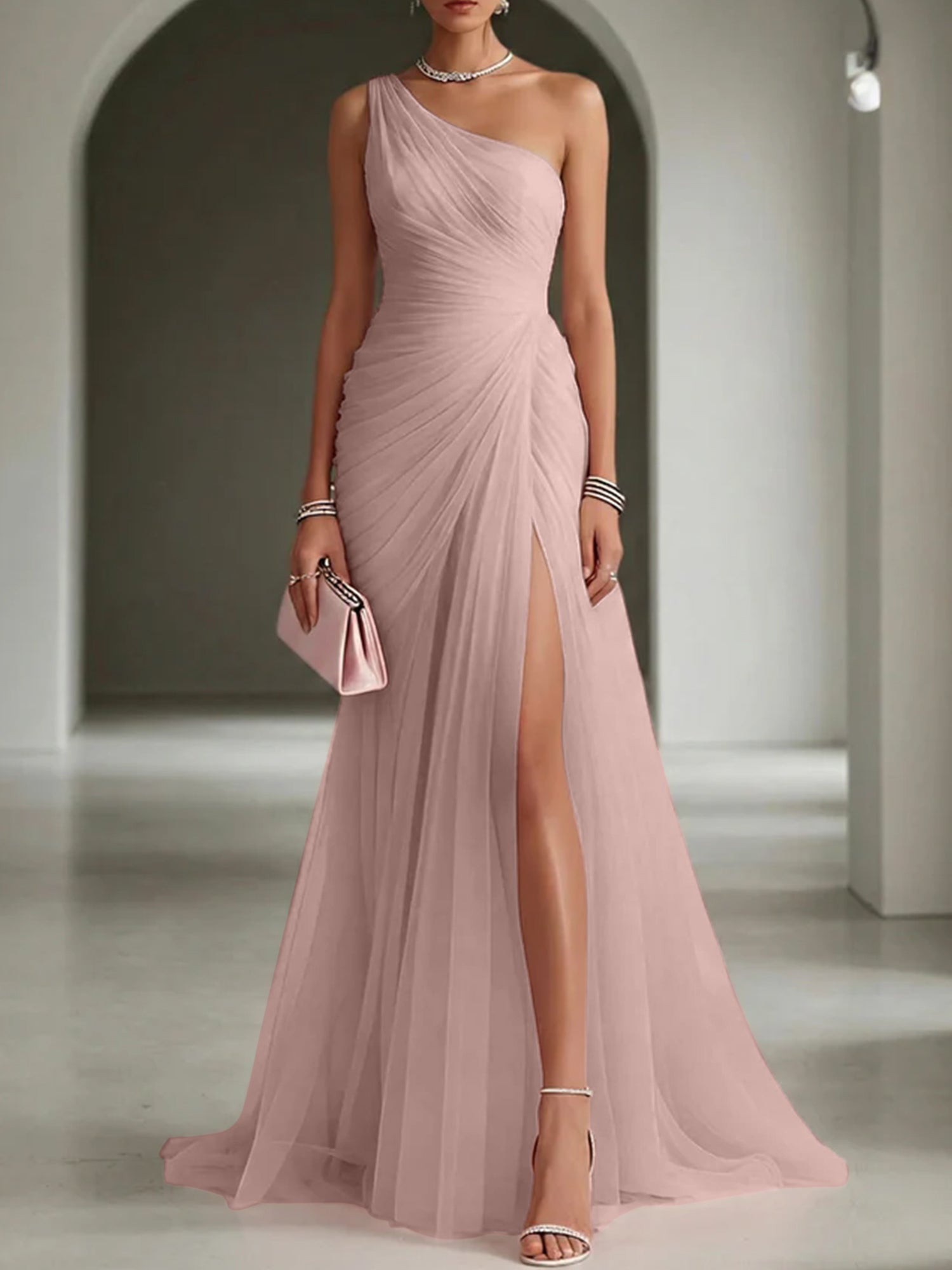 Pink Ruched Slit Tulle Strapless One Shoulder Sheath Gown Dress