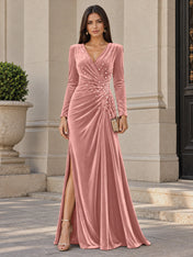 V-Neck Pearl Ruched Burgundy Velvet Floor-Length Evening Dresses with Long Sleeves