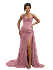 Gold Strapless Beading-Embellished Corset Prom Dress with Slit