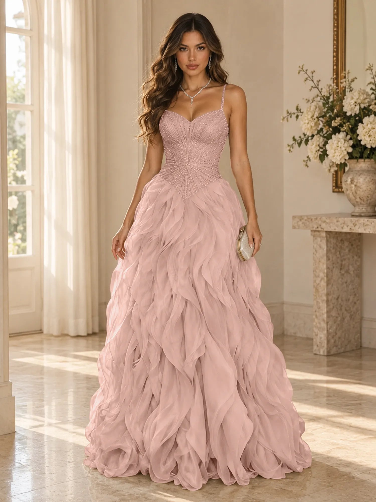 Elegant Beaded Spaghetti Strap Tiered Ruffle Ball Gown Evening Dress