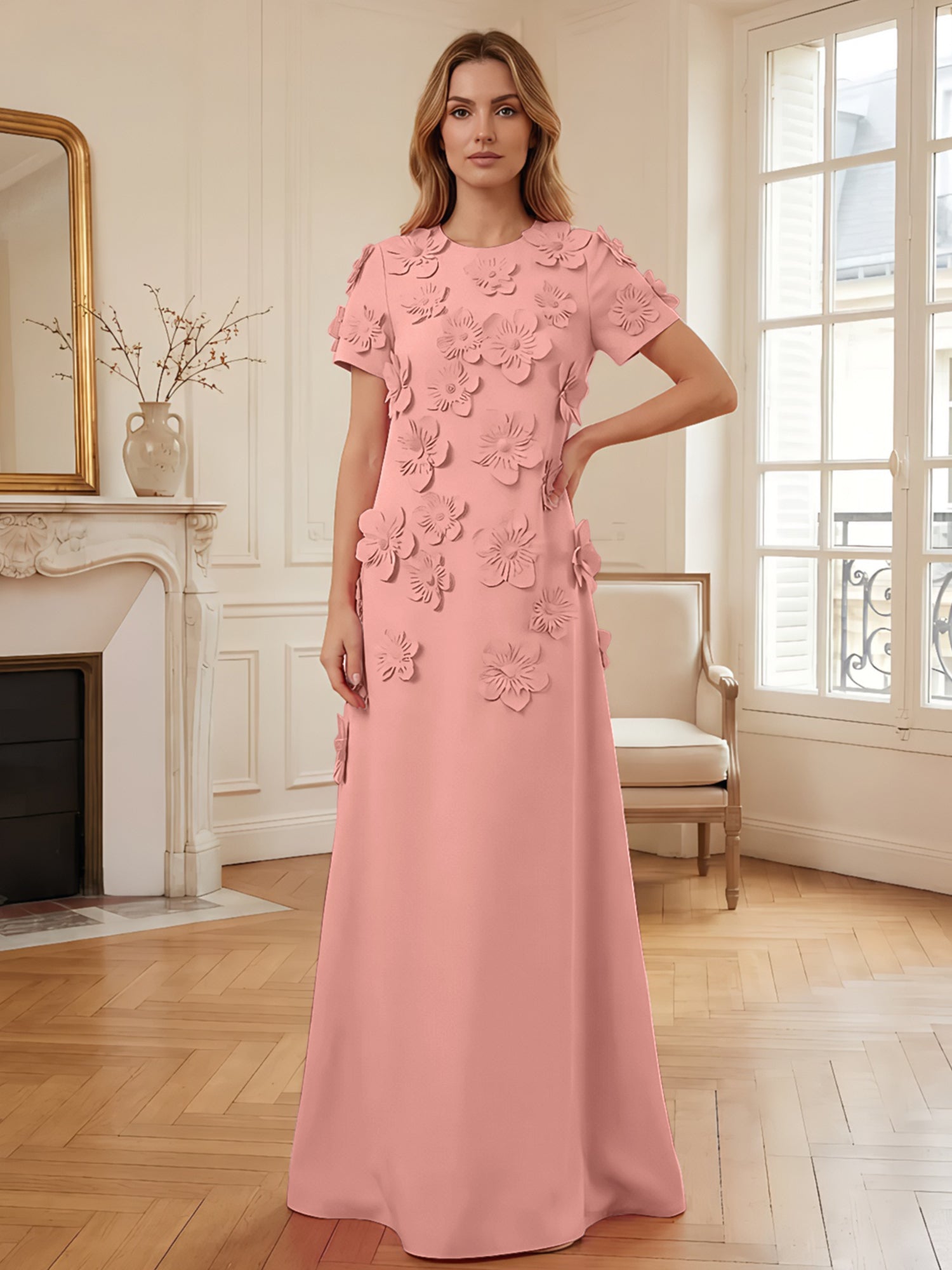 Short Sleeve Crew Neck A-Line Gown with 3D Floral Appliques Evening Dresses