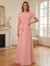Short Sleeve Crew Neck A-Line Gown with 3D Floral Appliques Evening Dresses