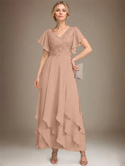 A-line V-Neck Ankle-Length Lace Chiffon Mother of the Bride Dress With Cascading Ruffles