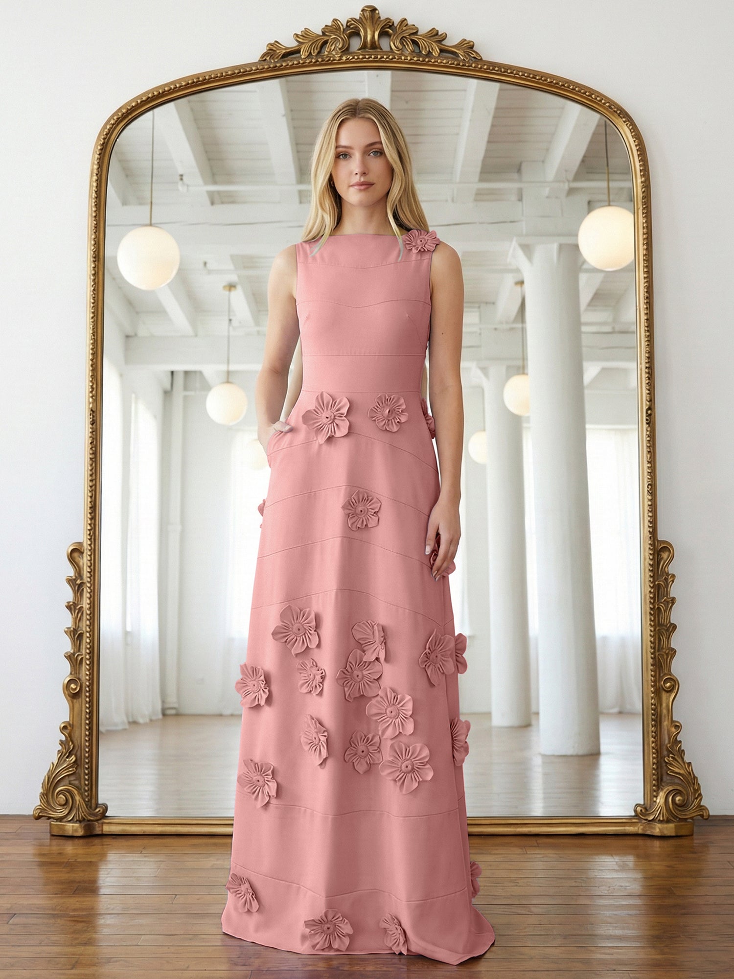 Lavender Boat Neck Formal Gown with Cascading 3D Flowers