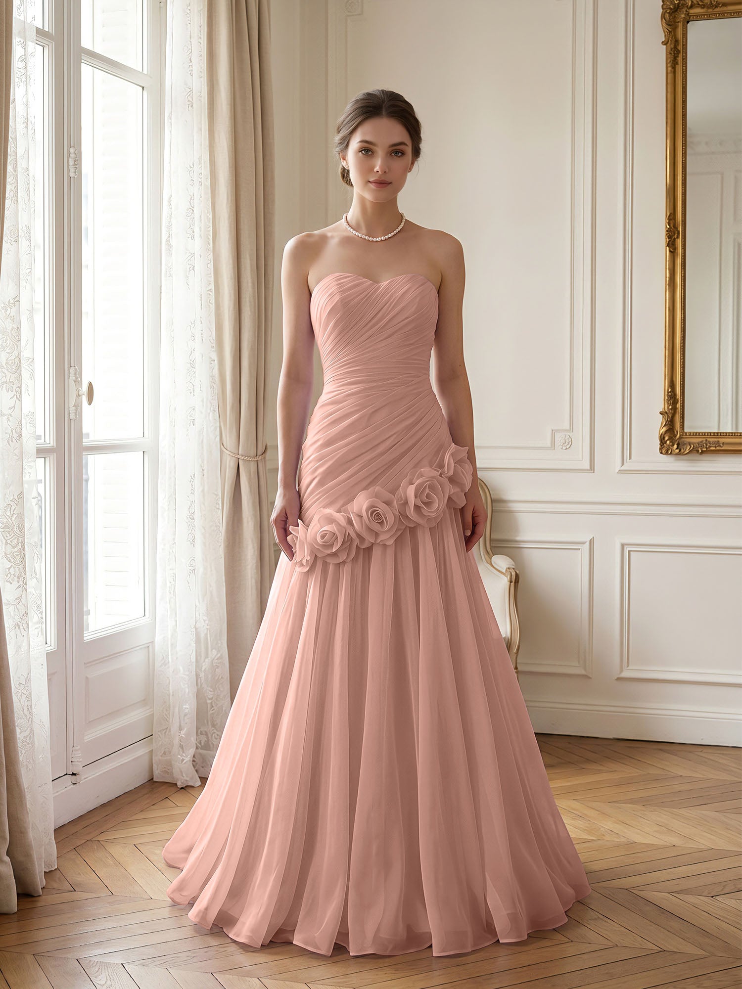 Lilac 3D Rosette Strapless Chiffon Evening Formal Gown Wedding Guest Dress