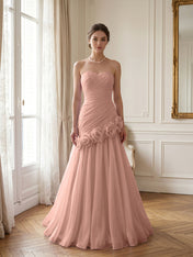 Lilac 3D Rosette Strapless Chiffon Evening Formal Gown Wedding Guest Dress