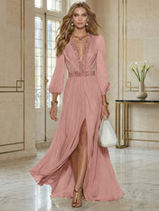 Elegant Beige Chiffon V-neck With Rhinestone Embellishments And A Side Slit Maxi Dress