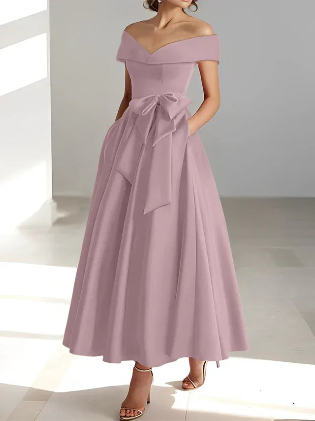 Princess Off-the-Shoulder Sleeveless Ankle-Length Mother of the Bride Dresses with Pockets