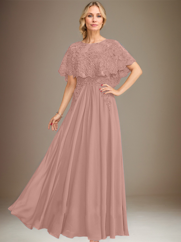 A-line Boat Neck Floor-Length Lace Chiffon Mother of the Bride Dress With Applique Sequins