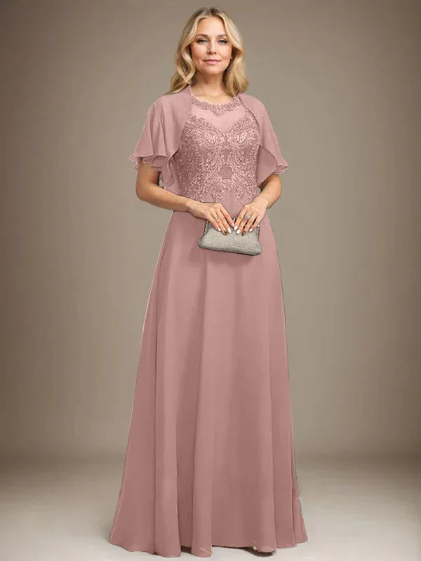 A-line Scoop Illusion Floor-Length Lace Chiffon Mother of the Bride Dress With Sequins