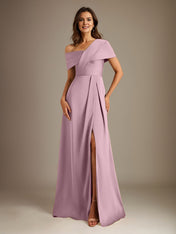 A-Line Asymmetrical Neckline Floor-Length Satin Mother of the Bride Dress With Pleated