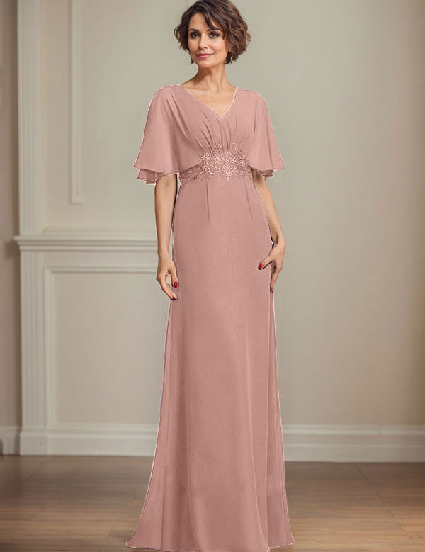 A-line V-Neck Floor-Length Chiffon Mother of the Bride Dress With Pleated Sequins Appliques Lace