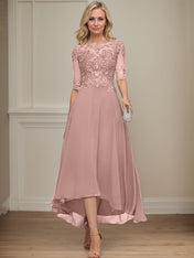 A-line Boat Neck Illusion Asymmetrical Chiffon Lace Mother of the Bride Dress With Sequins Beading