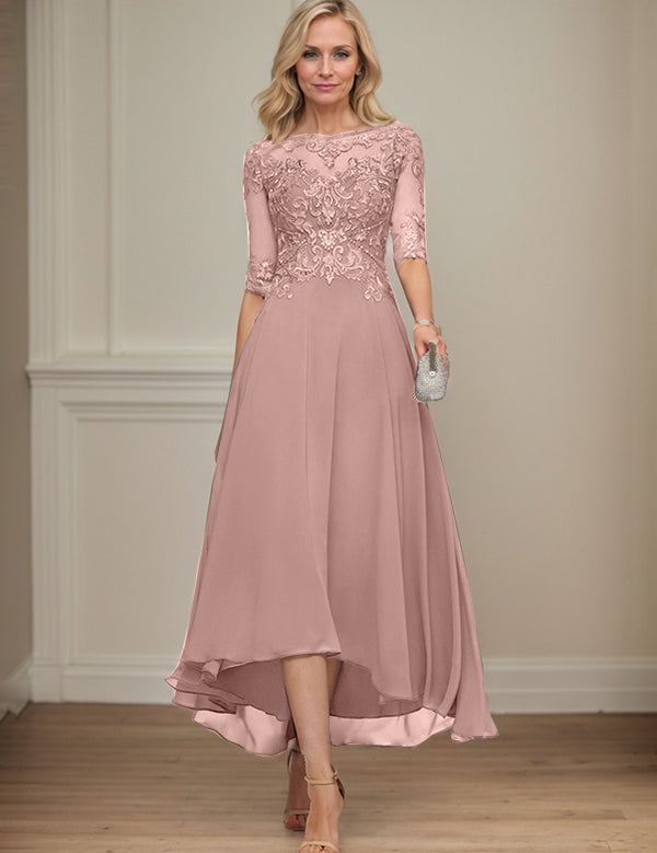 A-line Boat Neck Illusion Asymmetrical Chiffon Lace Mother of the Bride Dress With Sequins Beading