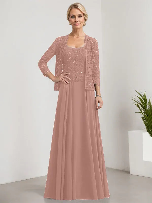 Robe de mère de la mariée trapèze carrée, longueur au sol, en mousseline de soie et dentelle, avec paillettes 