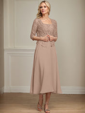 A-line Square Tea-Length Chiffon Lace Mother of the Bride Dress With Sequins Beading
