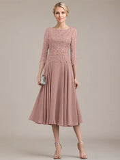 A-line Scoop Tea-Length Lace Chiffon Mother of the Bride Dress