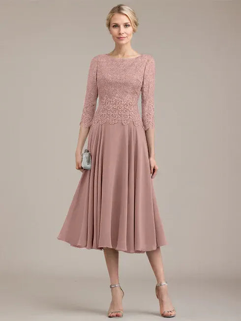 A-line Scoop Tea-Length Lace Chiffon Mother of the Bride Dress