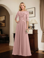 A-line Scoop Illusion Floor-Length Chiffon Lace Mother of the Bride Dress With Pleated Sequins