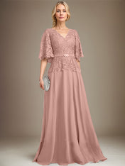 A-line V-Neck Floor-Length Chiffon Lace Mother of the Bride Dress With Crystal Brooch Rhinestone