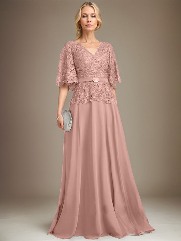 A-line V-Neck Floor-Length Chiffon Lace Mother of the Bride Dress With Crystal Brooch Rhinestone