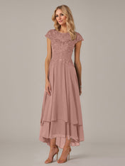 A-line Boat Neck Illusion Asymmetrical Chiffon Lace Mother of the Bride Dress With Applique Pleats