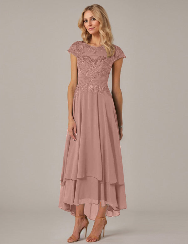 A-line Boat Neck Illusion Asymmetrical Chiffon Lace Mother of the Bride Dress With Applique Pleats
