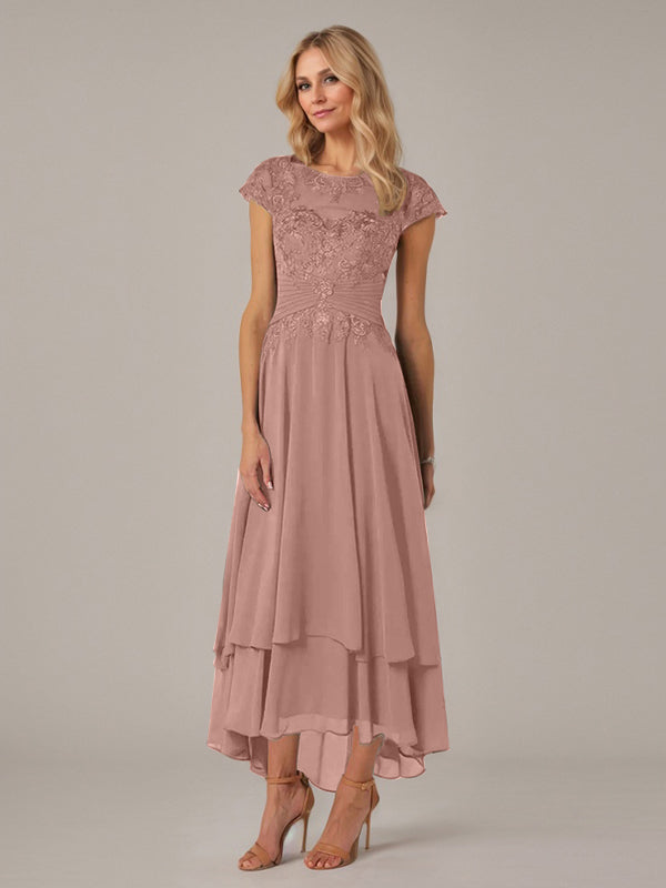 A-line Boat Neck Illusion Asymmetrical Chiffon Lace Mother of the Bride Dress With Applique Pleats