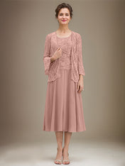 A-line Scoop Tea-Length Lace Chiffon Mother of the Bride Dress With Sequins