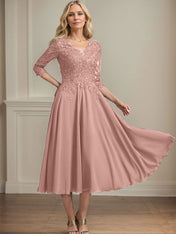 A-line V-Neck Tea-Length Chiffon Lace Mother of the Bride Dress With Beading Sequins