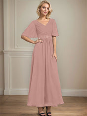 A-line V-Neck Ankle-Length Chiffon Mother of the Bride Dress With Pleated Beading Sequins