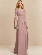 A-line Scoop Illusion Floor-Length Chiffon Lace Mother of the Bride Dress With Beading Sequins Cascading Ruffles