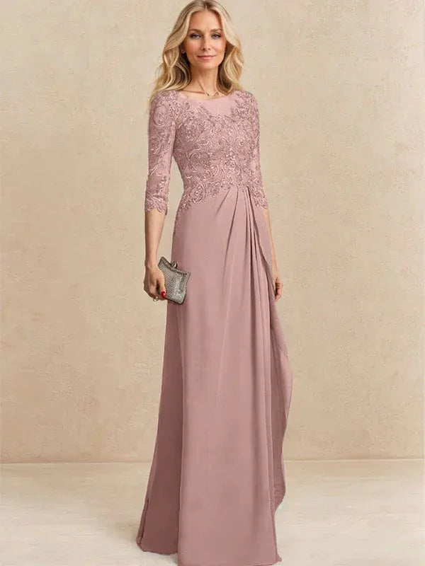 A-line Scoop Illusion Floor-Length Chiffon Lace Mother of the Bride Dress With Beading Sequins Cascading Ruffles