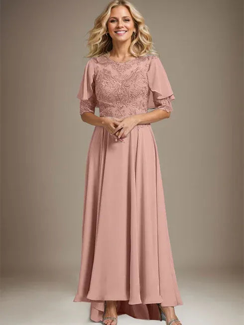 A-line Scoop Illusion Asymmetrical Chiffon Lace Mother of the Bride Dress With Beading