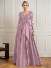 A-line V-Neck Floor-Length Satin Lace Mother of the Bride Dress With Sequins Bow