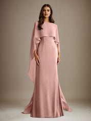 Robe de mère de la mariée en mousseline, coupe fourreau/colonne, col bateau, longueur ras du sol, avec volants en cascade 