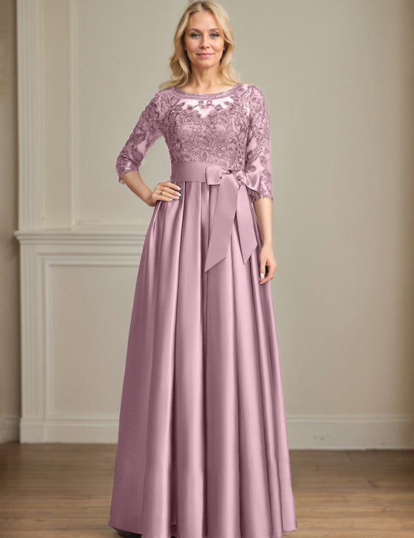 A-line Scoop Illusion Floor-Length Satin Lace Mother of the Bride Dress With Sequins Bow