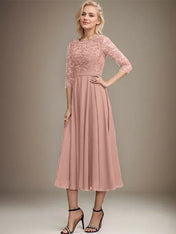 A-line Scoop Tea-Length Lace Chiffon Mother of the Bride Dress With Sequins