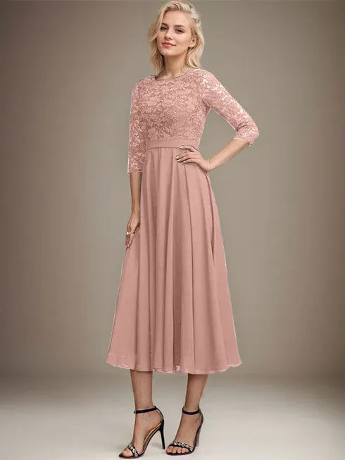 A-line Scoop Tea-Length Lace Chiffon Mother of the Bride Dress With Sequins