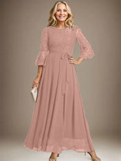 A-line Scoop Ankle-Length Lace Chiffon Mother of the Bride Dress With Bow