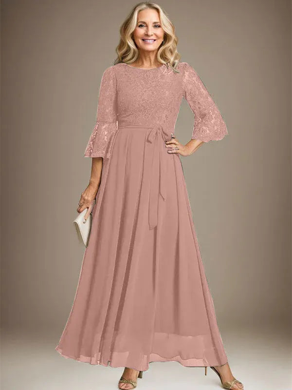 Robe de mère de la mariée trapèze en mousseline de soie et dentelle, longueur cheville, avec nœud