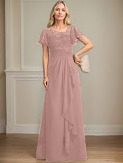 A-line Asymmetrical Illusion Floor-Length Lace Chiffon Mother of the Bride Dress With Cascading Ruffles Sequins