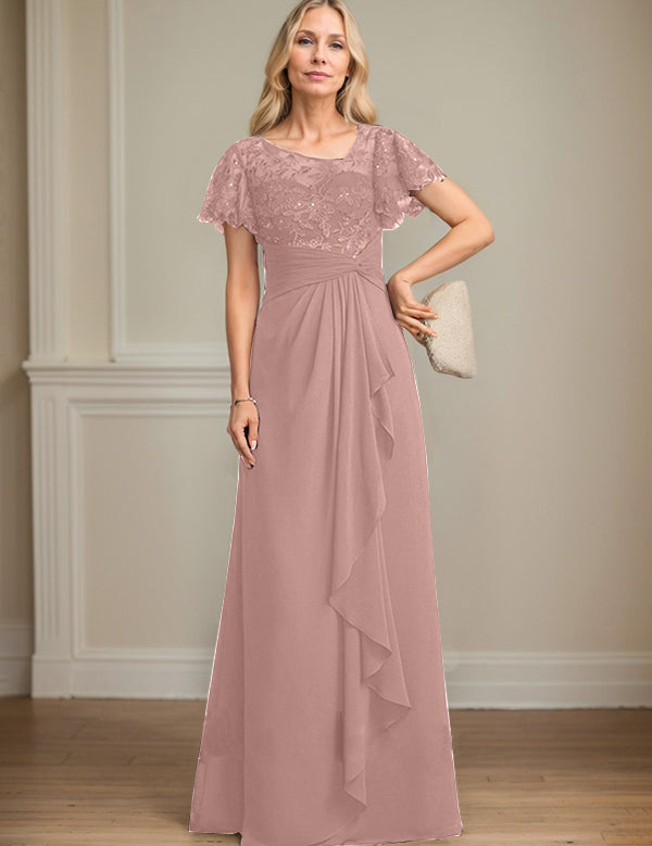 A-line Asymmetrical Illusion Floor-Length Lace Chiffon Mother of the Bride Dress With Cascading Ruffles Sequins